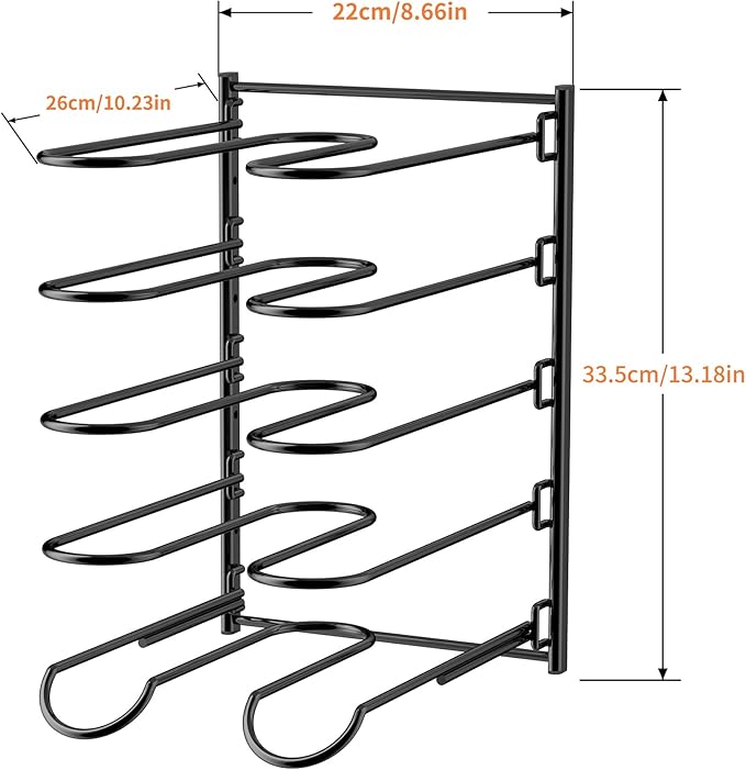 JAQ Pots and Pans Organizer, 13.18 inch Heavy Duty Pot Lids Rack Holder Adjustable Height for Muffin Tins, Baking Sheets, Skillets,Cookware,Bakeware in Cabinets Shelf Countertop Pantry-Black