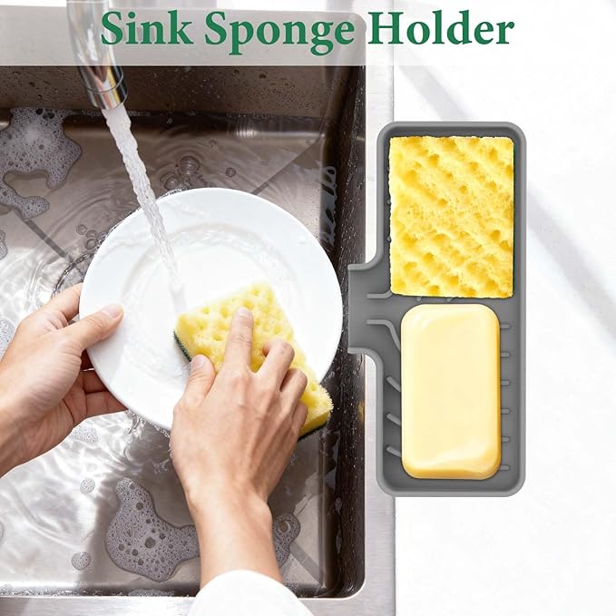 GUUKIN Sponge Holder for Kitchen Sink, Sink Caddy and Soap Tray | 10x4 inch Kitchen Sink Organizer | Compatible with Scrub Daddy, Kitchen Sink Accessories (Grey)