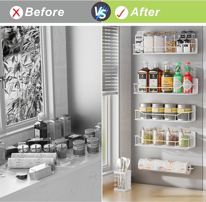 Magnetic Spice Rack for Refrigerator, 6 Pack Strong Magnet Spice Organizer with Paper Towel Holder, Utensil Holder, Moveable Magnetic Fridge Shelf for Kitchen Organization and Storage (White)