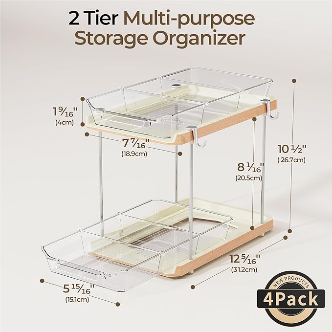 Delamu 2 Tier Under Sink Organizer Bathroom, Bathroom Cabinet Organizer with Snap-Lock Design and Hooks, Pull Out Storage with Movable Dividers, for Countertop, Kitchen and Pantry (White, 2 Pack)