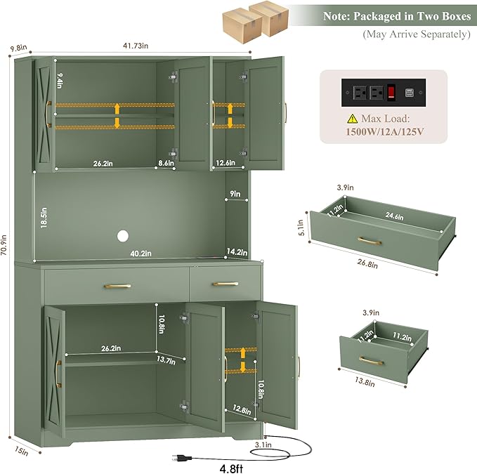 HOSTACK 71" Pantry Cabinet with Charging Station, Tall Kitchen Pantry Storage Cabinet with Microwave Stand, Farmhouse Kitchen Hutch with Storage Drawers for Living Room, Dining Room, Green