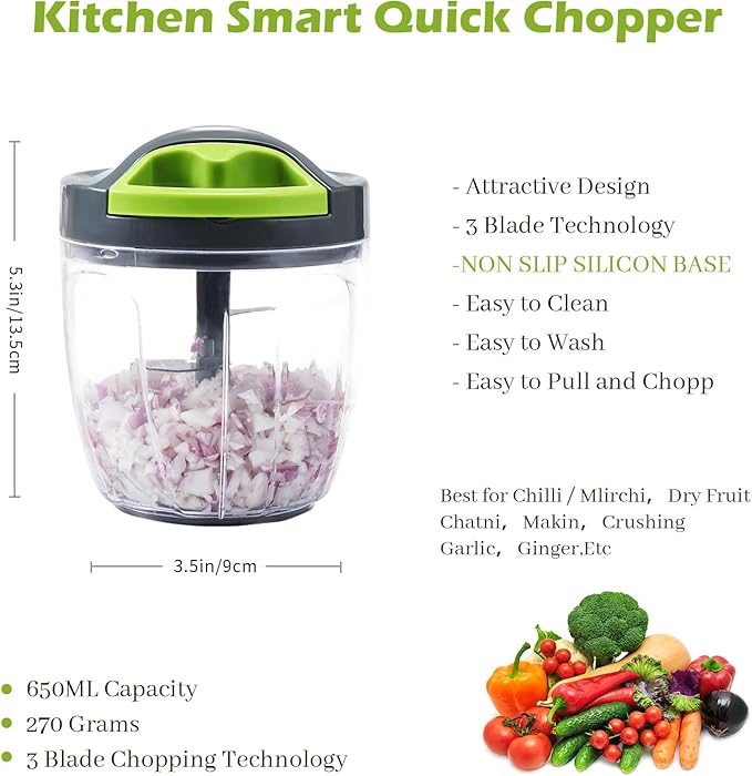 Manual Vegetable Chopper Hand String Onion Cutter Garlic Mincer Manual Food Processor for Ginger, Chili, Fruit, Meat, Nuts Food Chopper 900ml, Green