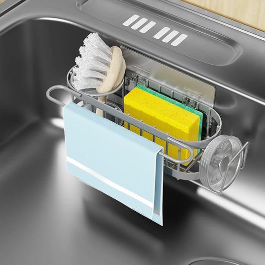 Cisily Kitchen Sink Caddy Sponge Holder in The Sink, Suction cup-Grey