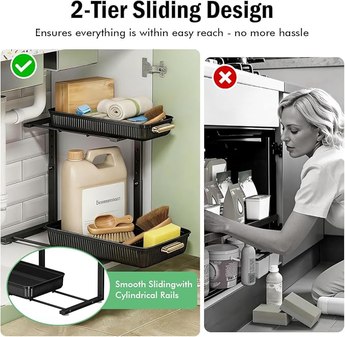 ARSTPEOE Under Sink Organizer - 2 Packs Multi-Purpose Pull-Out Storage Organizers, Slide out Pull out Metal Cabinet Organizer Shelf, Storage for Kitchen Bathroom, Black