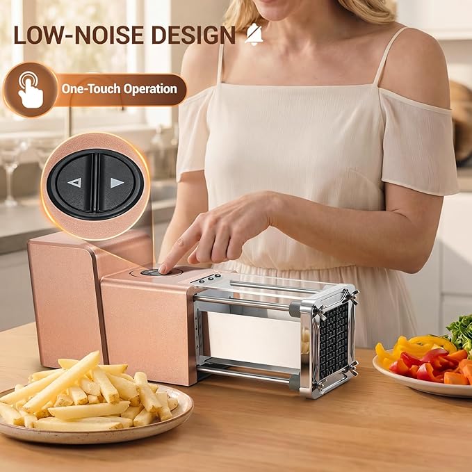 Sopito French Fry Cutter Electric Vegetable Slicer Stainless Steel with 3 Blades 1/4 3/8 1/2 Inch for Potatoes Carrots Onions Apples, Rose Gold