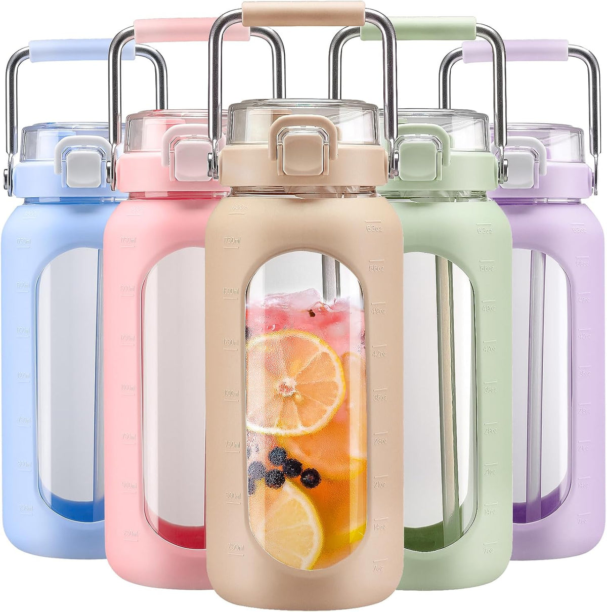 64oz Water Bottle Glass with Stainless Steel Handle Large Water Bottle with Time Markers and Silicone Sleeve Half Gallon Water Jug BPA Free for Gym Daily Use, Amber
