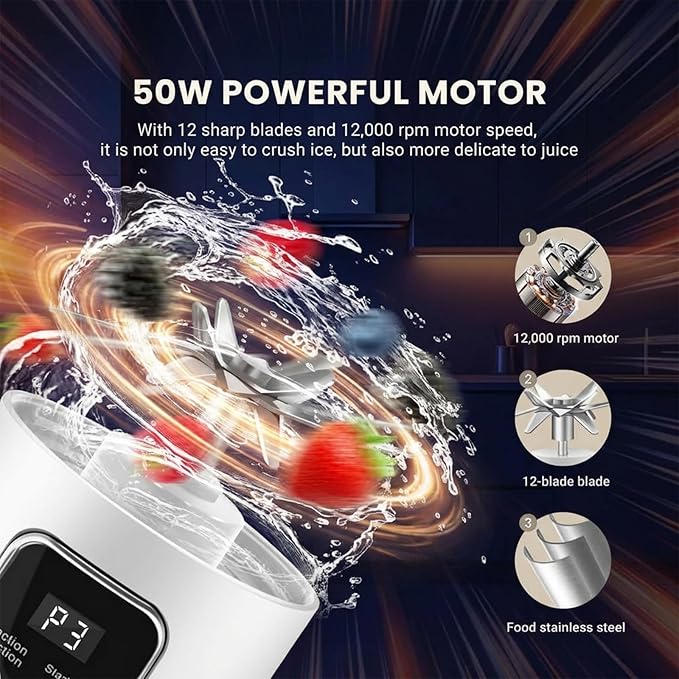 Portable Personal Electric Blender，500ML Portable Shakes and Smoothies Blender，12 Blades USB Rechargeable Small Blenders、Mixing、Compact、Convenient and Versatile (White)