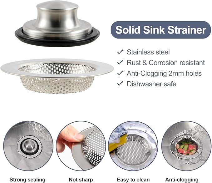 RQYEKDO Kitchen Sink Strainers Sink Stopper Kits, Stainless Steel Sink Drain Strainer Set,Large Wide Rim 4.4" Diameter Food Catcher Garbage Disposal Plug for Most Sink Drains Basket Filter