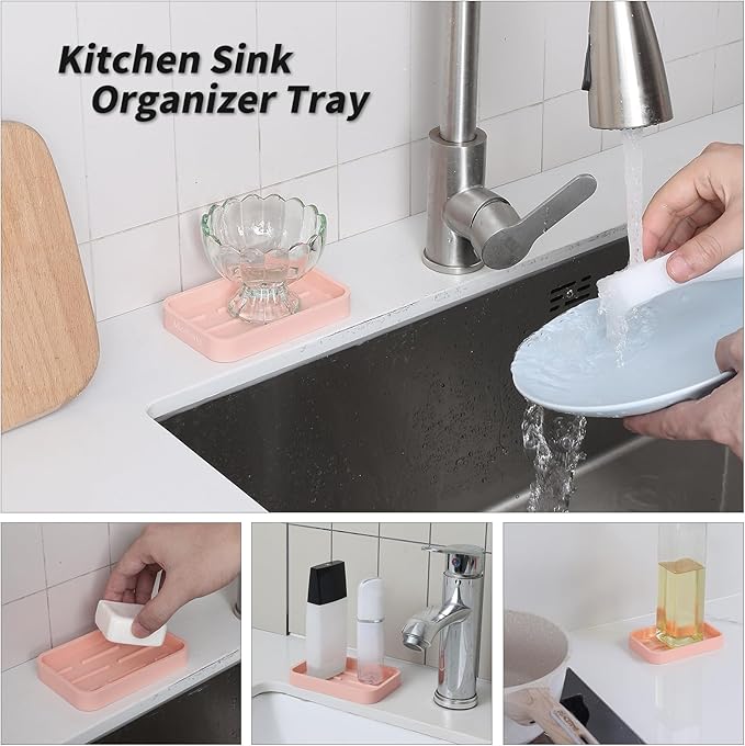 MicoYang Silicone Kitchen Sink Organizer Tray for Multiple Usage,Easy Clean Sponges Holder for Kitchen Bathroom Counter or Sink,Dish Soap Dispenser,Scrubber,Bottle,Cup Pink 4.9”x 3.2”