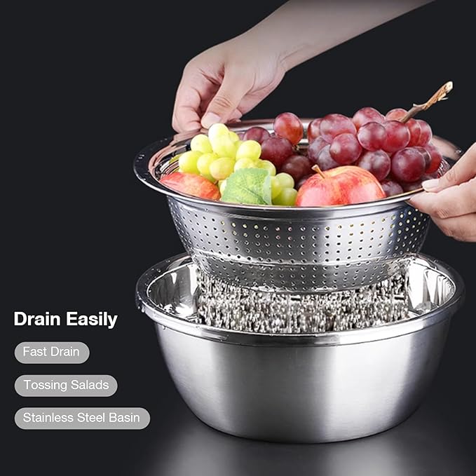 Multifunctional Stainless Steel Basin with Grater, Mixing Bowls, Vegetable Cutter, Slicer, Strainer, Drain Basket, Salad Maker Bowl, Colanders for Kitchen Use