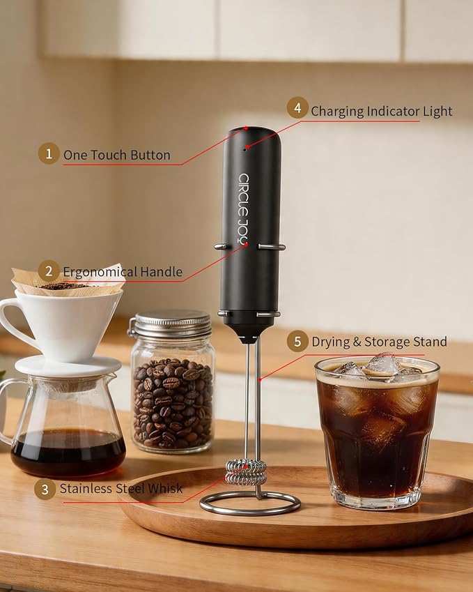 CIRCLE JOY Rechargeable Milk Frother Hanheld with Stand, Dual Coil Whisk Head Electric Coffee Frother, Portable Hand Frother Wand Drink Mixer for Matcha Lattes Cappuccino, Kitchen Gifts, Black