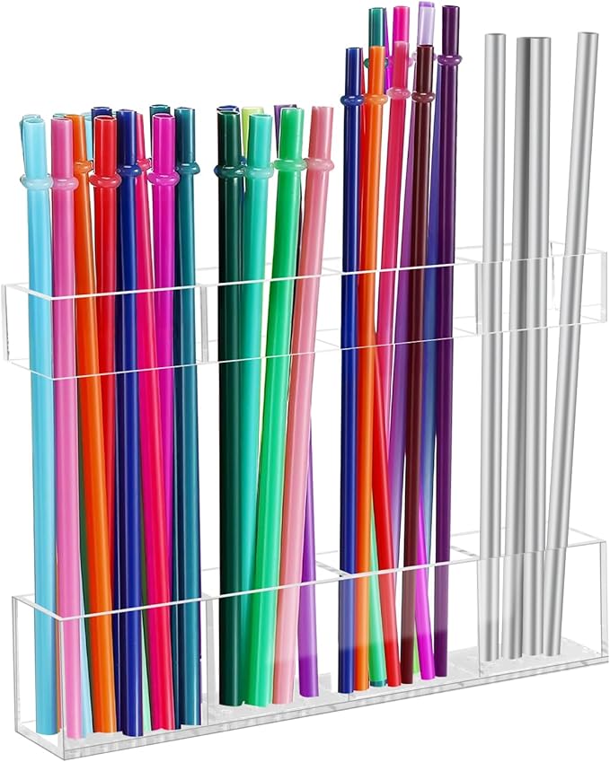7.5" Small Acrylic Straw Holder for Cabinet Door - Reusable Tumbler Straw Organizer Storage, Small Kitchen Accessories Container, Ultra Sticky Cupboard Door Mounted (Transparent)