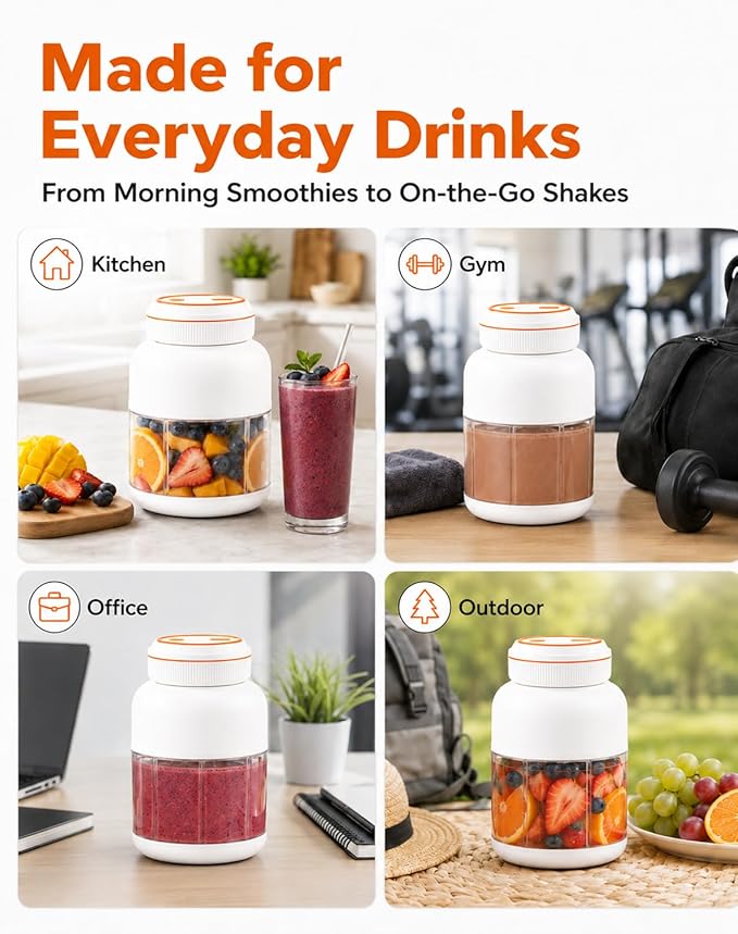 Portable Blender 44oz, Wireless Juicer Cup for Shakes and Smoothies, Personal Size Blender with Dual Lid & Leakproof Handle, Compact Travel Drinking Cup for Gym, Office, Kitchen, Outdoor (White 27oz)