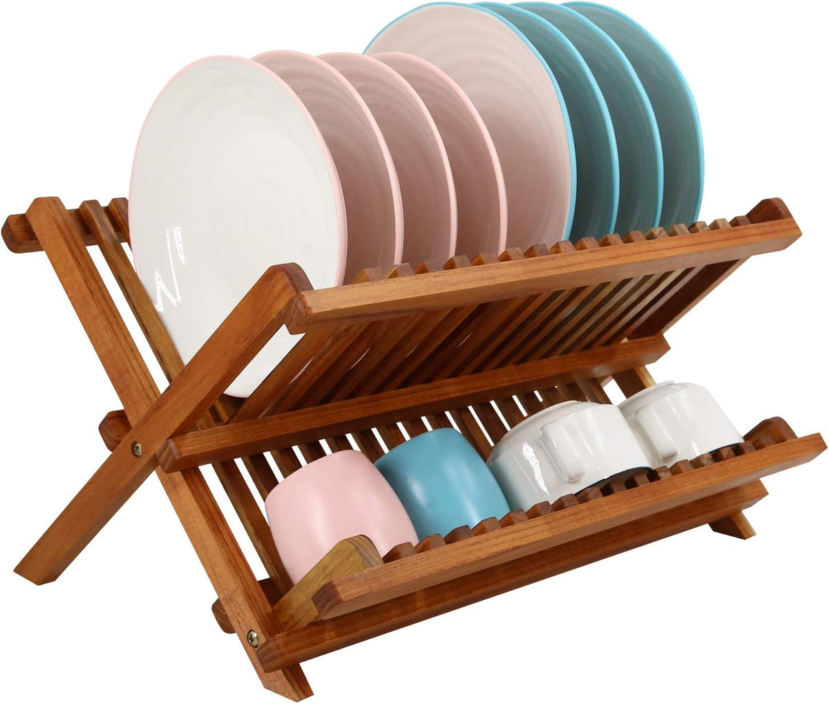 Teak Wood Dish Drying Rack, Foldable Plate Organizer Countertop