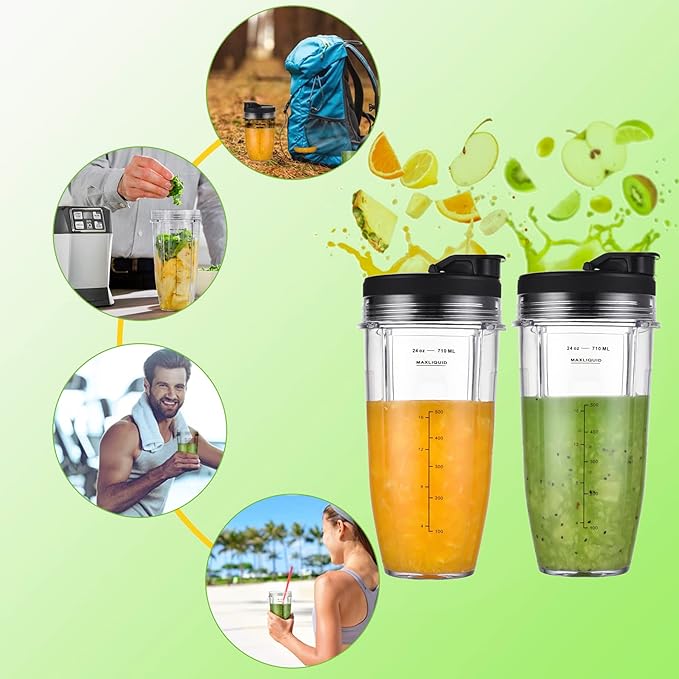 Replacement 24oz Cups for Nutri Ninja Blenders, Blender Replacement Parts with Upgraded Lid for BL450 BL454 BL480 BL482 BL640 BL642 BL682 BN801 SS101 SS351 SS401, Ninja Blender Auto IQ Blade, 2 Packs
