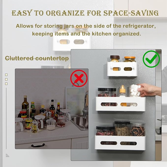 Magnetic Spice Storage Refrigerator Rack Seasoning Organizer Wall-Mounted Shelf with Hook for Kitchen Bathroom Organization (4, White)