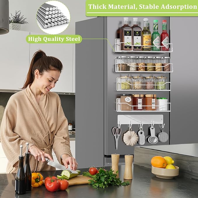 Magnetic Spice Rack for Refrigerator, 5 Pack Metal Strong Magnet Spice Organizer Shelves with Hook Rack