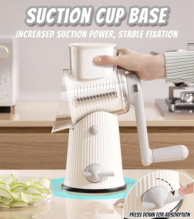 5 In 1 Rotary Cheese Grater Vegetable Slicer for Kitchen, Carrot Shredder Tool-Food Shredders with 5 Sets Interchangeable Blades And Strong Suction Base (White)