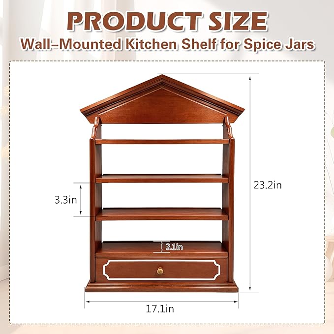 Vintage Wooden Spice Rack with Drawer and 4 Shelves, Wall Mounted Spice Village Display Shelf for Kitchen Storage, Holds 24 Jars, 22 x 17 x 4 Inches, Rack Only