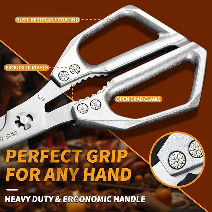 Huusk Seafood Scissors Silver - Stainless Steel Kitchen Shears Dishwasher Safe, Sharp Japanese-Style Kitchen Scissor for Crab, Shrimp, Lobster, Herbs and Food Prep, Gifts for Men Women