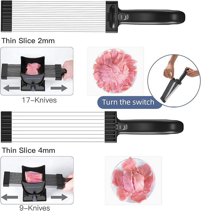 Manual Meat Slicer for Fresh Raw Meat (with Steady Grip), Meal Prep for the Week, Adjustable Thickness 2mm or 4mm, 17 Blades get 18 Fresh Meat Slicer, Meat Cleavers can be Sliced, Striped, Diced -Gray