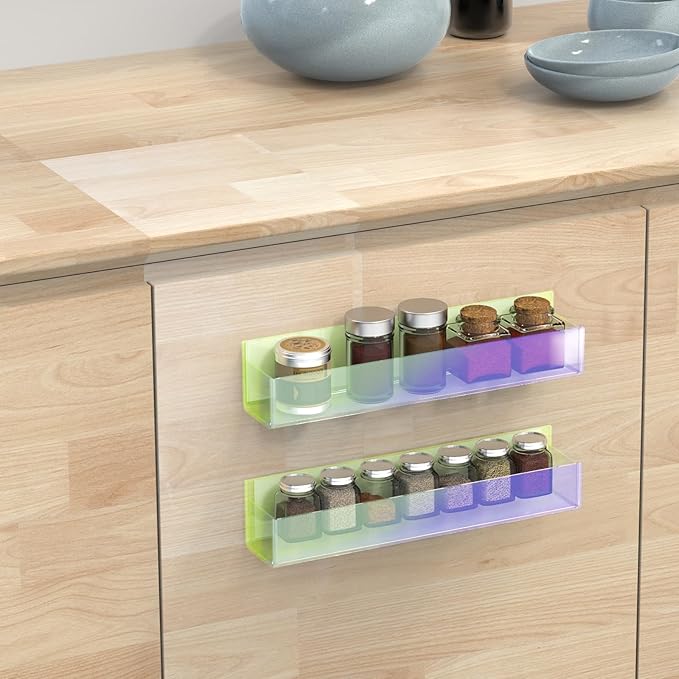 VAEHOLD Adhesive Acrylic Spice Rack with Nano Double Sided Tape Wall Mount Organizer, Wall Spice Rack With Shelf Ends for Kitchen Cabinet Door - 2 Pack 12‘’ Shelves (Colorful)