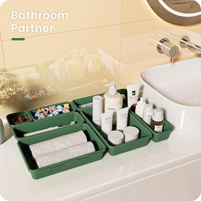 A-LuGei 【Military Grade Drawer Organizer, 【𝟱𝗦𝗶𝘇𝗲】 Makeup organizer, 【Holds 177 Items】 Bathroom Organizers and Storage, Organization and Storage, Desk Drawer Organizer for Vanity (Green)