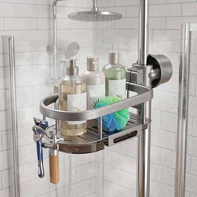 Sink Caddy for Kitchen Sink, Sponge Holder Over Faucet Organizer with Drain Tray Hook, Space Aluminum Fits 0.7-1.1" Round Pipes (Grey Left A)
