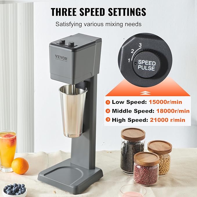 VEVOR Milkshake Machine, 375W Milkshake Maker Mixer, Single Head Drink Mixer Blender Machine, 3-Speed Milkshake Blender with 820ml Stainless Steel Cup for Commercial