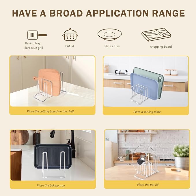 Pot Lid Organizer for Cabinet, Cutting Board Organizer and Rack, Stainless Steel Kitchen Storage Rack for Cutting Boards, Lids, and Utensils, Space-Saving Countertop Solution [1-Pack] Silver