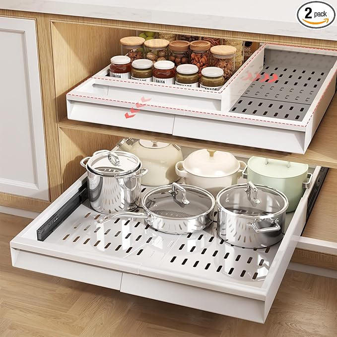 Seinloes Pull Out Cabinet Organizer, 4-Side Expandable to Fit Most Cabinets, 3 Rail Slide Out Drawers with Raising Pad for Framed & Frameless Cabinets, 13"-21" W x 17"-24" D, White, 2 Pack