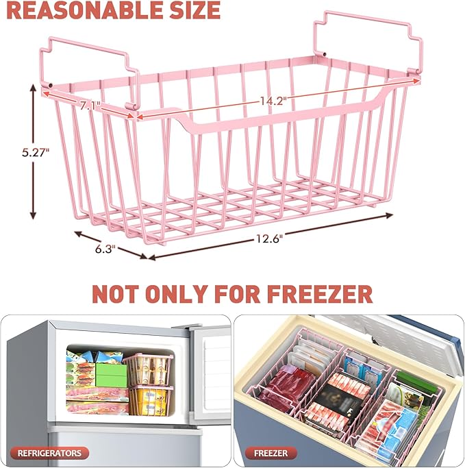 Goovilla Freezer Organizer Bins with Foldable Handle, 4 Pack Stackable Freezer Baskets for 3.5-7 Cu.FT Deep Chest Freezer Organization, Pink Metal Freezer Storage Bins with Better Space Utilization