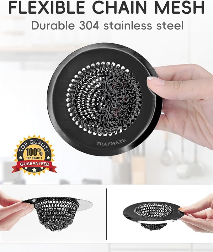 TRAPMATE Sink Drain Strainer, Reversible Chain Mesh Kitchen Sink Drain Strainer, Easy Clean 304 Stainless Steel Sink Strainer for Food Catcher Garbage Disposal, Black