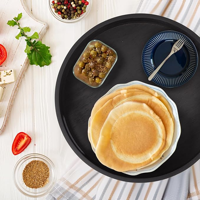 12in Black Bamboo Lazy Susan Turntable with Handle - Rotating Organizer for Table Top, Cabinet, Pantry & Kitchen | Spice & Seasoning Spinning Tray
