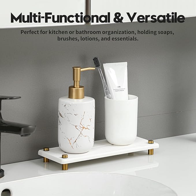 Razborci Water Absorbing Stone Sink Caddy Kitchen Sink Organizer Tray, Diatomite Bathroom Counter Tray, Gold Faucet Drying Mat Coaster Soap Dish Rack Riser Dispenser Sponge Holder, White 10" x 4"