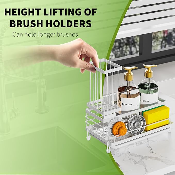 Sponge Holder for Kitchen Sink,Sink Caddy with Removable Brush Holder,Self-Draining Sponge Caddy for Sponge,Soap,Dish Brush,Scrubber,Kitchen Essentials and Gadgets
