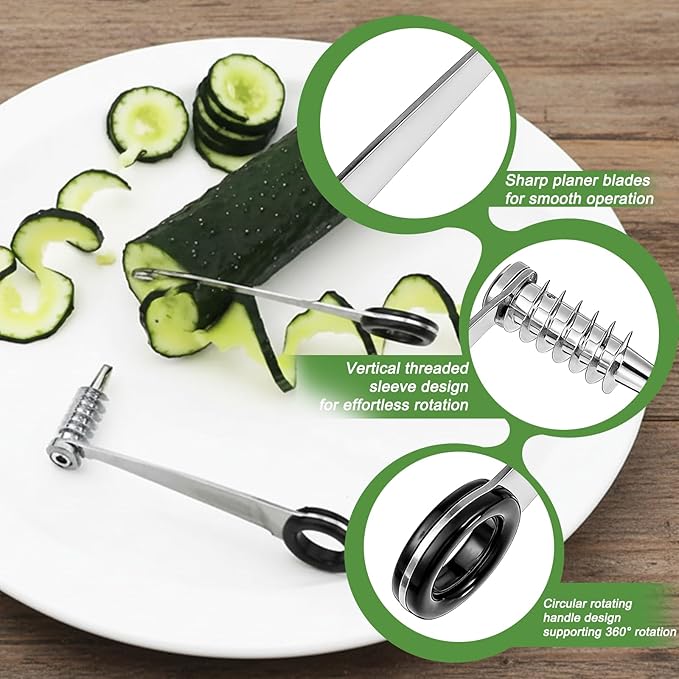 2 Pcs Spiral Potato Cutter, Piranha Spiral Knife Kitchen Accessories Tool, Stainless Steel Curly Fry Cutter, Spirals Slicer for Vegetables, Cucumbers and Carrots