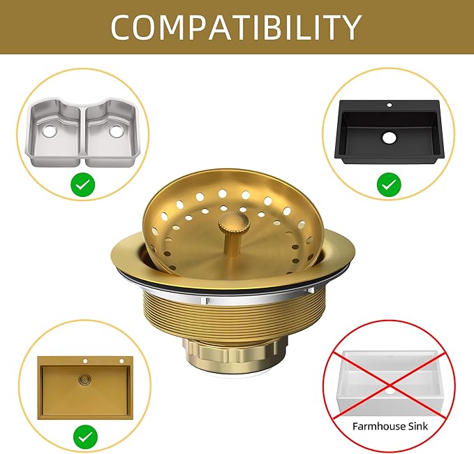 Kitchen Sink Drain Gold Sink Drain Strainer with Fixed Post 3-1/2 Inch Kitchen Drain Assembly with Strainer Basket and Drain Stopper for Standard Kitchen Sink Stainless Steel Brushed Gold