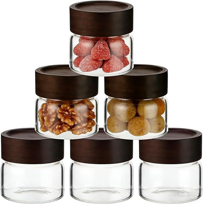6 Pack Glass Spice Jars, Small Glass Canisters with Wooden Lids, 3.7 oz Stackable Airtight Glass Jars for Spices Snacks Overnight Oats, Clear Storage Containers for Pantry Shelves Kitchen