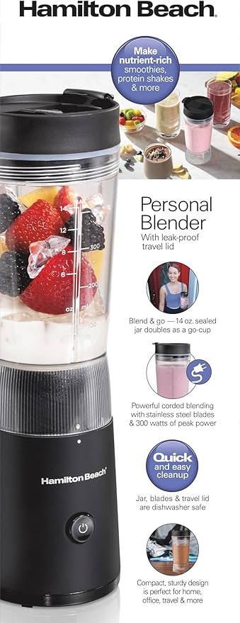 Beach Personal Blender With Leak-Proof Travel Lid - 14 oz. Jar - Black - Stainless Steel - Watts 300 - Personal Blender - 3.94 x 4.13 x 12.20 Inches