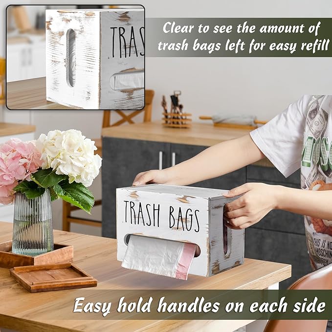 DRASTAR Trash Bag Holder, Wooden Stackable Trash bag Dispenser Wall Mount, Large Garbage Bag Dispenser for for 13-gallon Trash Bags Roll Holder, Kitchen Laundry Room Organization, Retro White
