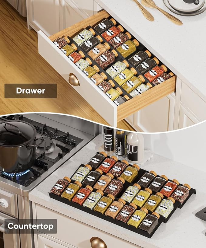 Spice Drawer Organizer, Spice Rack Tray for Kitchen Cabinet, Expandable Seasoning Storage Rack Insert for Drawer/Countertop,6 Pieces Set, ABS (Jars Not Included)