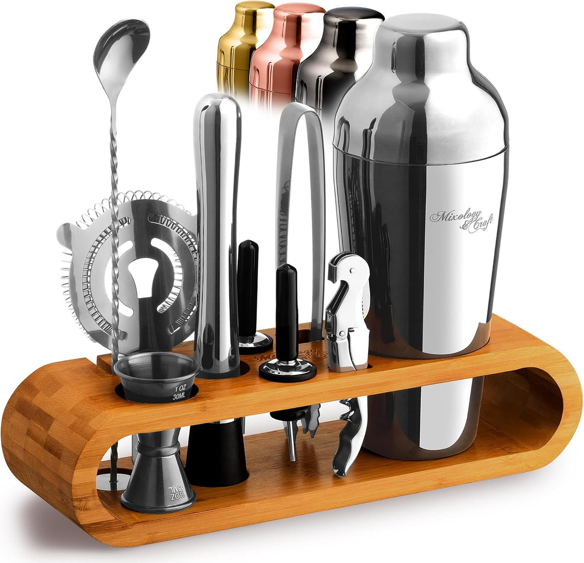 Cocktail Shaker Set with Bamboo Stand - Professional 10-Piece Bartender Kit - Complete Bar Set & Cocktail Mixer Kit for Home (Silver)