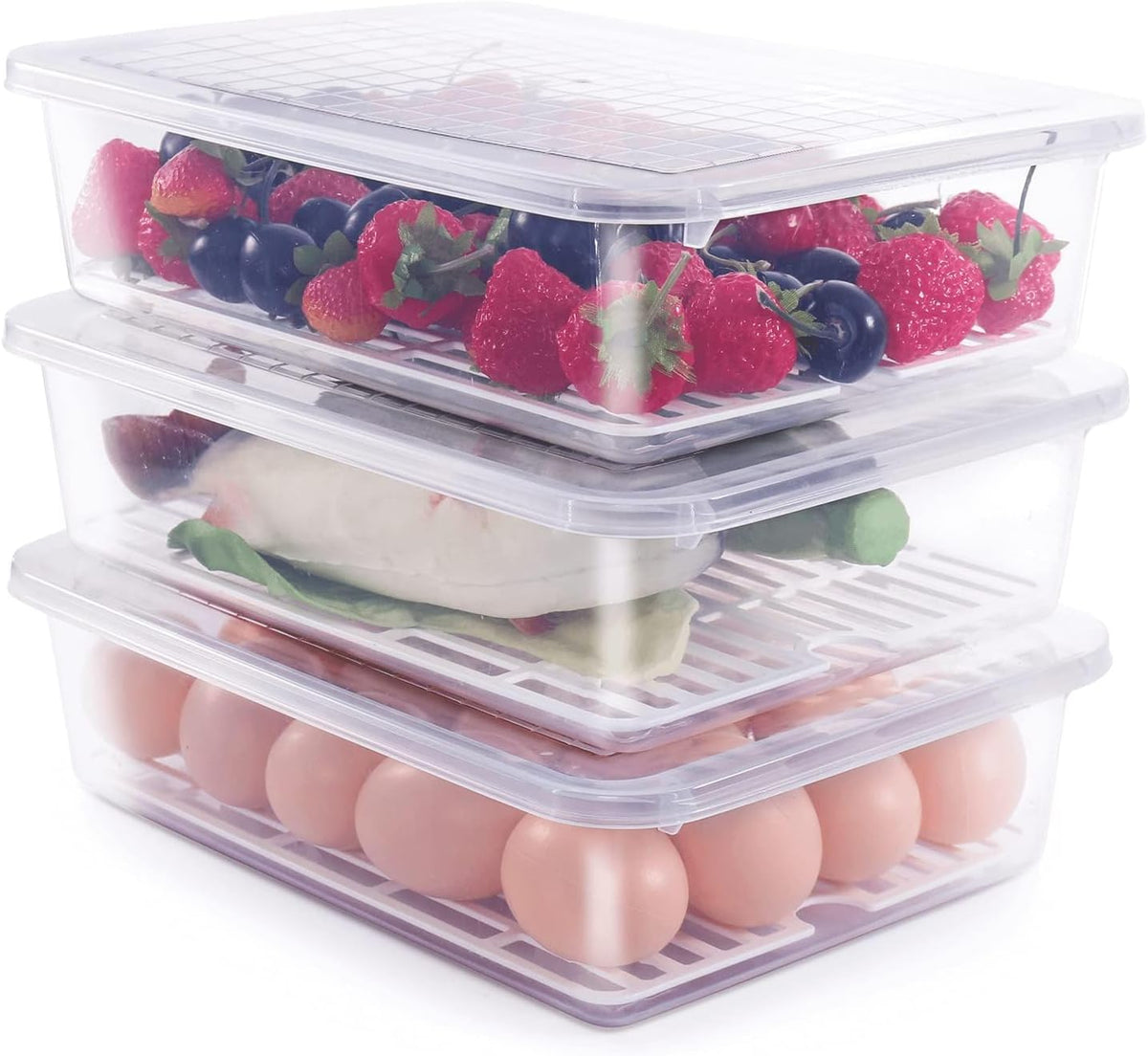 Fruit Storage Containers for Fridge, Rectangle Plastic Food Storage Containers with Lids, 3-Pack Deli Meat Container with Removable Drain Plate, Stackable Produce Keeper in Seafood & Berries