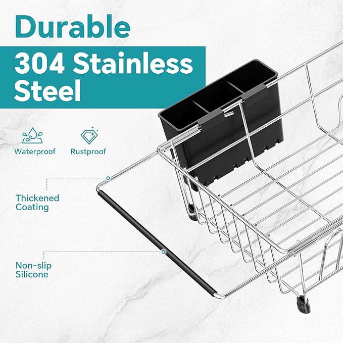 Simple Trending Adjustable Dish Drying Rack in Sink, Dish Drainers for Small Kitchen, Counter Inside Sink, Over the Sink with Utensil Holder