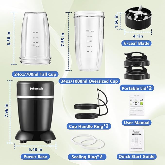 SAKAMOSH 1200W Personal Blender for Shakes and Smoothies, 12-Piece Portable Blender Combo with 6-Fin Blades, 2 To-Go Cups for Juices, Frozen Drinks, Baby Food & More