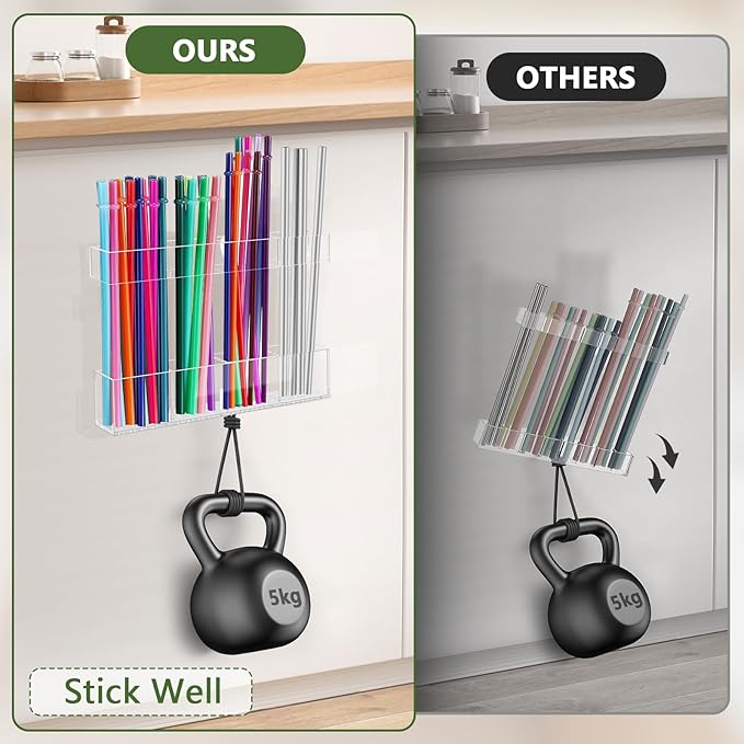 7.5" Small Acrylic Straw Holder for Cabinet Door - Reusable Tumbler Straw Organizer Storage, Small Kitchen Accessories Container, Ultra Sticky Cupboard Door Mounted (Transparent)