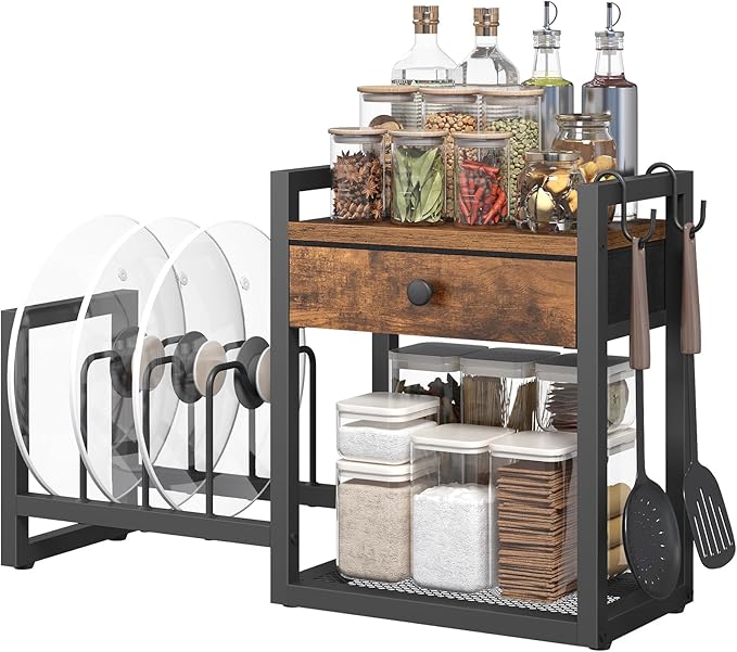MAHANCRIS Countertop Shelf Organizer, Pots and Pans Organizer Rack, Pot Lid Holder with 1 Drawer, Pot Lid Organizer Holder with 2 Hooks, for Kitchen, Dining Room, Rustic Brown POHR2201