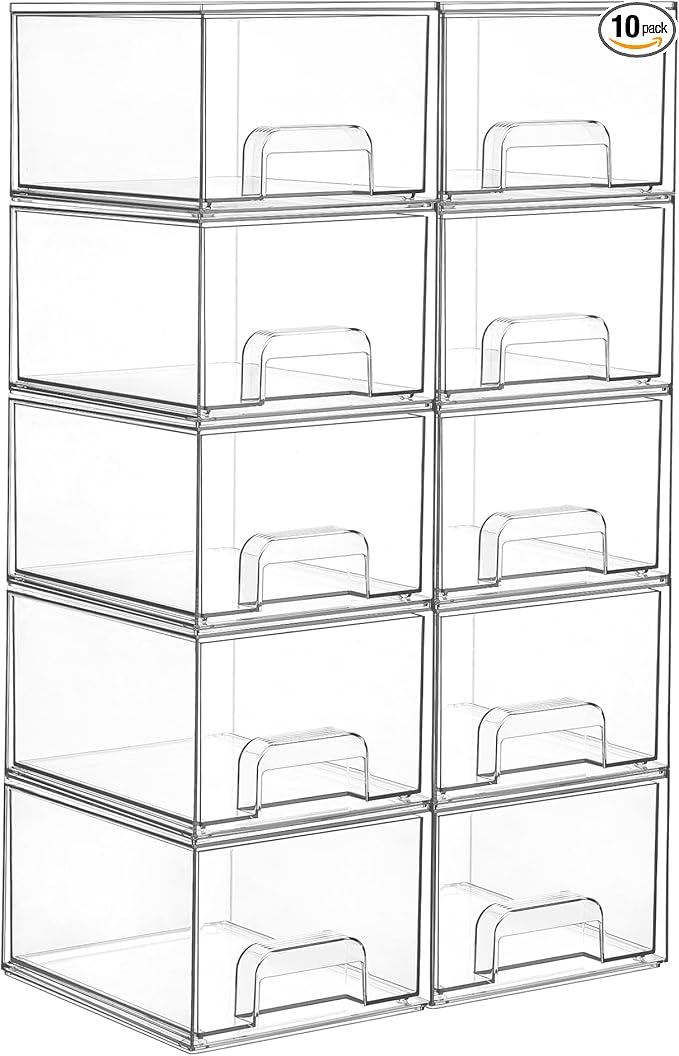 Vtopmart 10 Pack Small Clear Stackable Storage Drawers, Acrylic Bathroom Makeup Organizer, Plastic Storage Bins For Vanity, Undersink, Kitchen Cabinets, Pantry, Home Organization