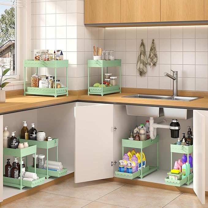 Sevenblue 3 Pack Under Sink Organizers, 2-Tier Multi-Use Kitchen and Bathroom Organizers and Storage with Sliding Drawers，Bathroom Cabinet Organizer (Green, 12.8 Inch)